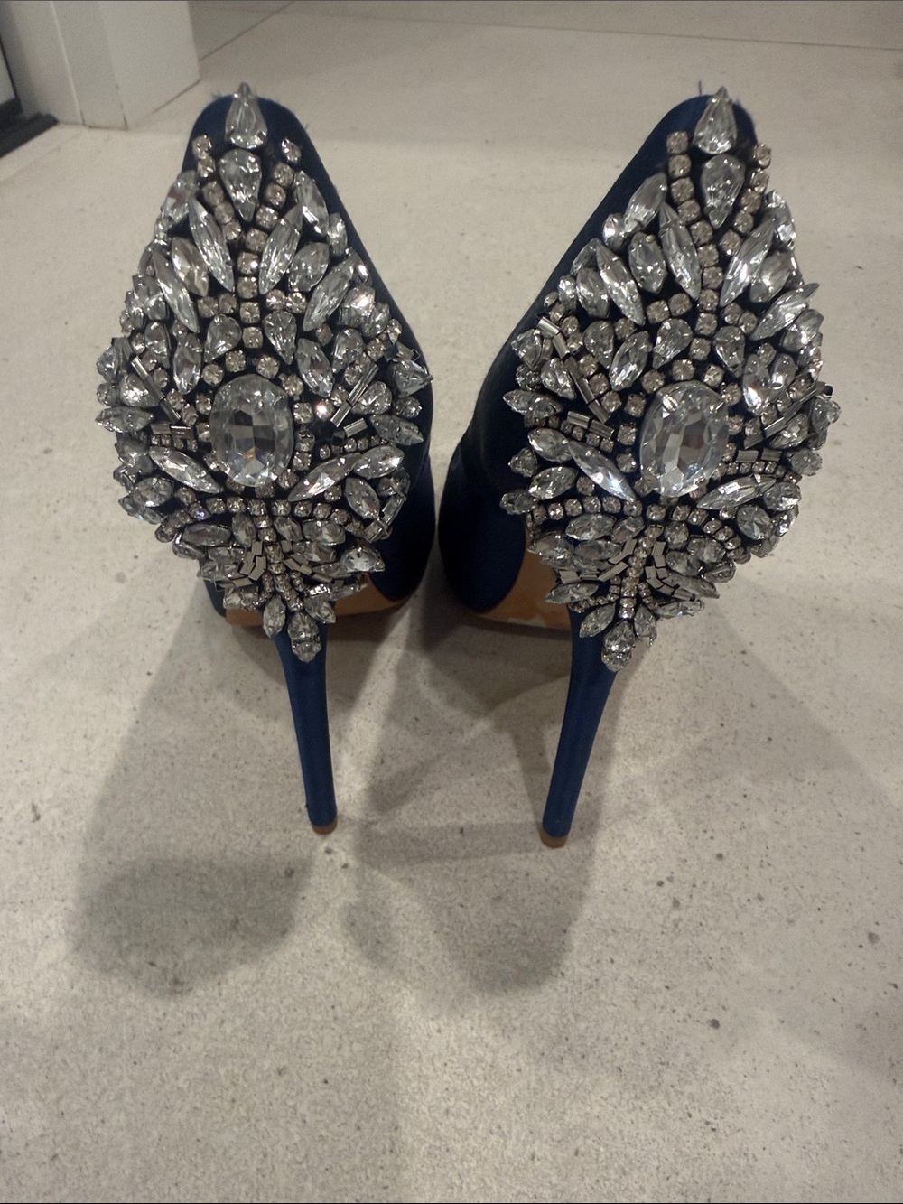 Badgley Mischka Royal Blue Satin Peep-Toe Heels with Crystal Back Detail